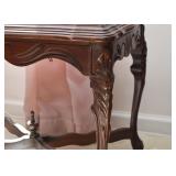 Carved Wood Accent Table with Stone Top