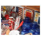 Blue Glass Canisters, Kitchen Utensils, Plates, Linens, Etc.