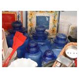 Blue Glass Canisters, Kitchen Utensils, Plates, Etc.