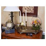 Home Decor - Brass Candlesticks, Small Mirror, Floral Centerpiece