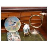 Enamel Bird Plate, Decorative Egg with Stand, Brass Horn Figurine