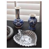 Small Blue & White Pottery Vases, Leaf Dish