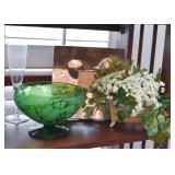 Home Decor - Green Glass Pedestal Bowl, Faux Flowers, Picture Frames