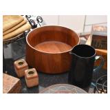 Teak Salad Bowl, Wooden Candle Holders, Black Glass Pitcher (Blue Handle)