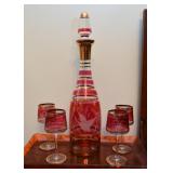 Etched Cranberry Class Decanter & Cordials Set 