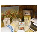 Coffee Maker, Crock Pot, Can opener, Tins, Pot Holders, Bowls, Etc.