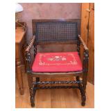 Antique Wood Carved Armchair with Rush Back & Needlepoint Seat 