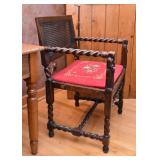 Antique Wood Carved Armchair with Rush Back & Needlepoint Seat 