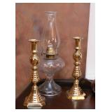 Brass Candlesticks, Clear Glass Oil Lamp