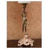 Hurricane Oil Lamp with Ornate, Sculptural Brass Base & Milk Glass