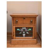 Antique Oak Side Table with Stained Glass Door
