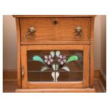 Antique Oak Side Table with Stained Glass Door