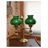 Brass Double Hurricane Table Lamp with Green Shades
