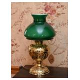 Brass Hurricane Table Lamp with Green Glass Shade