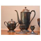 Silver Plate Coffee Pot, Sugar Bowl & Candlesticks