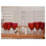 Ruby Glass Stemware, Decanter, Owl Figurine