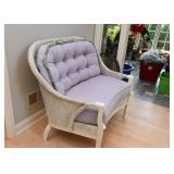 White Wicker Settee with Tufted Lavender Check Upholstery 