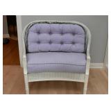 White Wicker Settee with Tufted Lavender Check Upholstery 