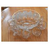 Etched Glass Punch Bowl & Cups (Leaves Design)