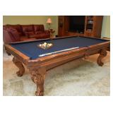 Stunning Pool Table by American Heritage (Carved Details, Burl Wood, Leather Pockets)