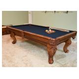 Stunning Pool Table by American Heritage (Carved Details, Burl Wood, Leather Pockets)