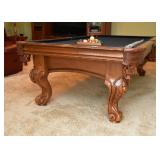 Stunning Pool Table by American Heritage (Carved Details, Burl Wood, Leather Pockets)