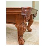 Stunning Pool Table by American Heritage (Carved Details, Burl Wood, Leather Pockets)