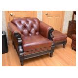 Tufted Leather Armchair & Ottoman with Wood Details