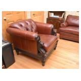 Tufted Leather Armchair & Ottoman with Wood Details