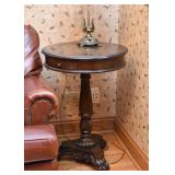 Ornate Round Accent Table with Drawer & Inlaid Top