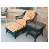 Green Wicker Arm Chair with Ottoman, Green Wicker Side Table with Glass Top