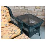 Green Wicker Arm Chair with Ottoman, Green Wicker Side Table with Glass Top