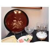 Asian Serving Tray, Crystal Pedestal Bowl, 50th Anniversary Glasses & Covered Dish