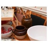 Bean Pot, Stoneware Crock, Wooden Spoons
