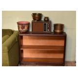 Wooden 2-Tier Bookcase / Bookshelf, Brass Planters, Vintage Sony Radio