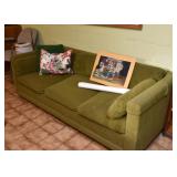 Green 3-Seat Sofa, Throw Pillows, Unframed Artwork