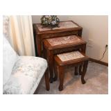 Vintage Carved Wood Nesting Tables with Stone Top