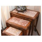 Vintage Carved Wood Nesting Tables with Stone Top