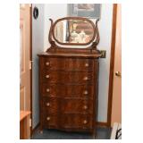 Tiger Oak Highboy / Chest of Drawers with Vanity Mirror & Glass Knobs