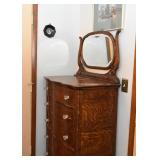Tiger Oak Highboy / Chest of Drawers with Vanity Mirror & Glass Knobs