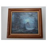 Framed Artwork / Painting, Signed (Mountain Forest at Night)