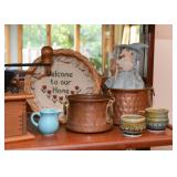 Needlepoint, Blue Creamer, Hammered Copper Pots, Kitchen Witch, Creamer & Sugar Set 