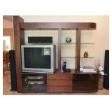 Contemporary Entertainment Unit with Overhead Lights and Glass Shelves