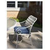 White Metal Outdoor Dining Table (Glass Top), Scroll Arm Chairs with Cushions & Blue Patio Umbrella White Metal Outdoor Dining Table (Glass Top), Scroll Arm Chairs with Cushions & Blue Patio Umbrella