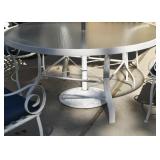 White Metal Outdoor Dining Table (Glass Top), Scroll Arm Chairs with Cushions & Blue Patio Umbrella White Metal Outdoor Dining Table (Glass Top), Scroll Arm Chairs with Cushions & Blue Patio Umbrella