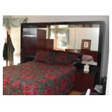 Contemporary Bed Unit with Overhead Lighting, Mirrored Back & Pair of Matching Nightstands Contemporary Bed Unit with Overhead Lighting, Mirrored Back & Pair of Matching Nightstands
