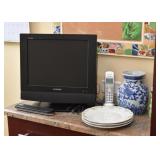 Small TV, Dishes, Blue & White Porcelain Vase