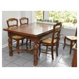 Antique Expandable Carved Oak Dining Table & 4 Chairs with Rattan Seats