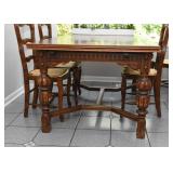 Antique Expandable Carved Oak Dining Table & 4 Chairs with Rattan Seats