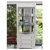 Lighted White Wicker Display Shelf with Drawers & Glass Shelves